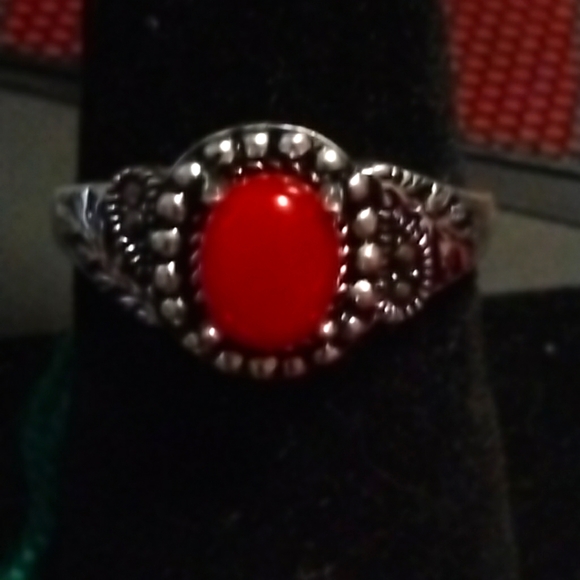 Natural Custom Red Onyx & Marcasite 925 Ring - Picture 3 of 6